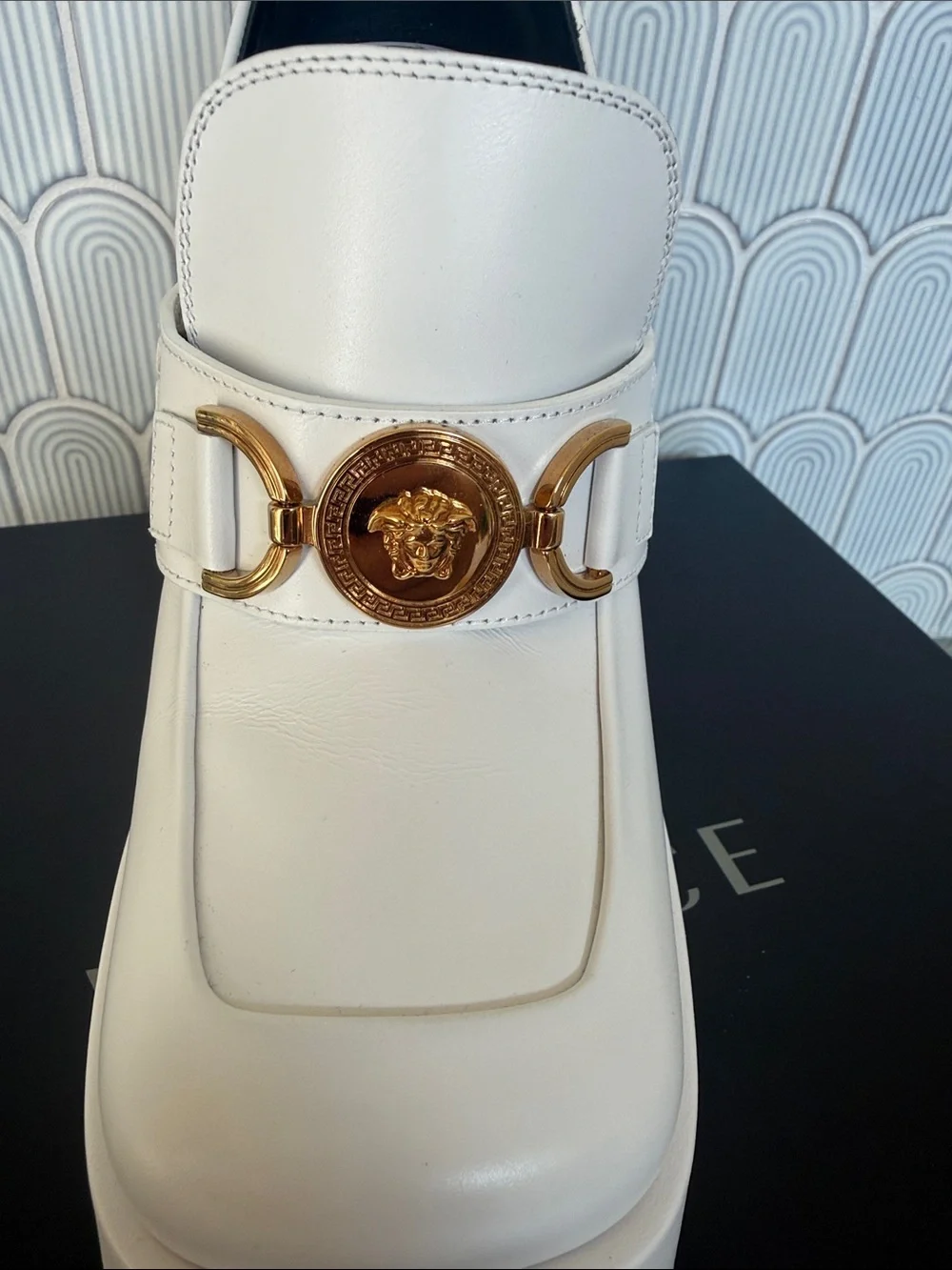 Versace White Medusa Aevitas Platform Loafers with Gold Medallion